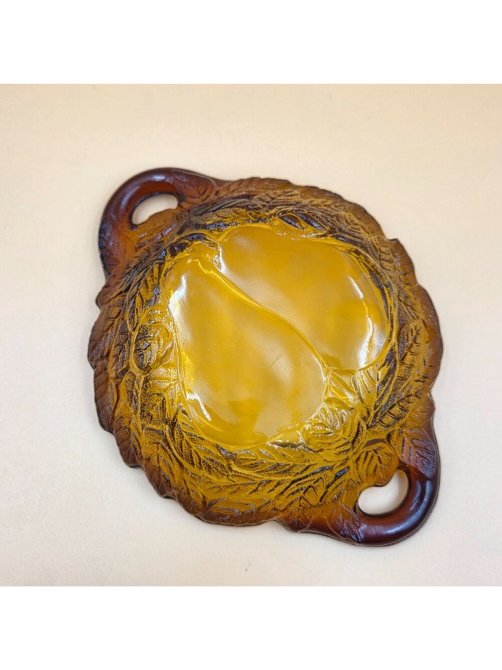 Tiara Sweet Pear Burnt Honey Amber Glass Handled Bowl Indiana Glass Vintage - Picture 3 of 6